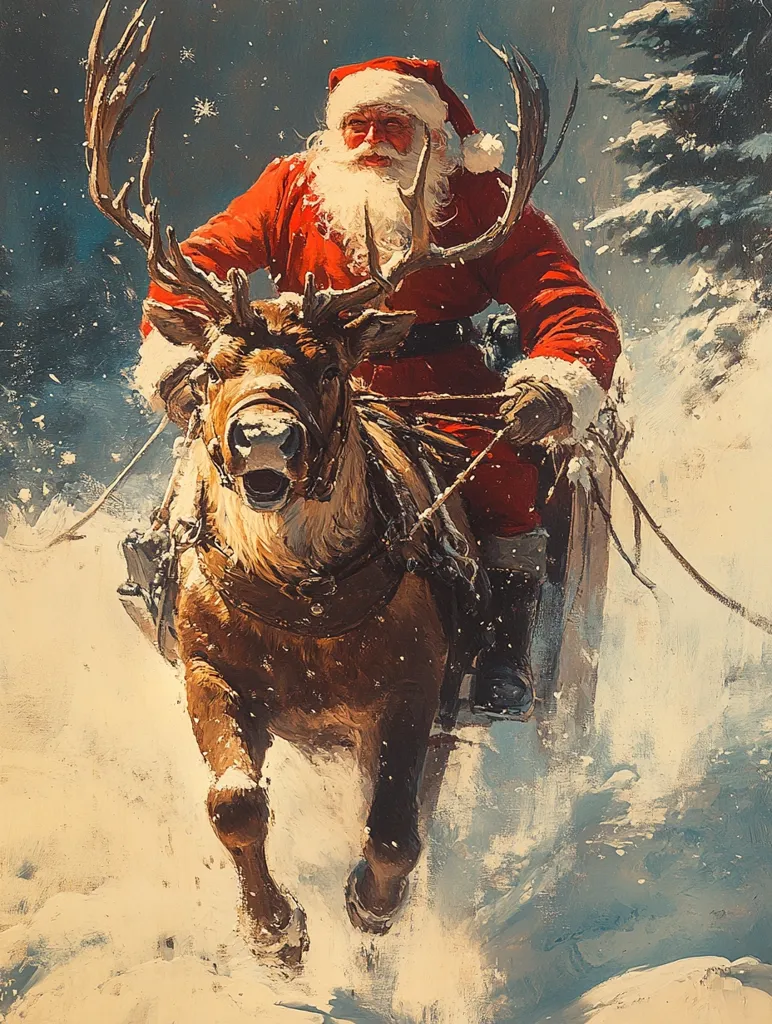 A vibrant painting depicts Santa Claus, his jolly face framed by a long white beard, riding a majestic reindeer through a snowy landscape.  The reindeer, with large antlers, powerfully strides through the snow, its breath visible in the crisp air.  Santa, in his iconic red suit, grips the reins, his journey seemingly urgent and filled with Christmas spirit. The background hints at a dark, wintry forest, emphasizing the magical atmosphere. The overall style is painterly, with visible brushstrokes contributing to the dynamic feel of the scene.