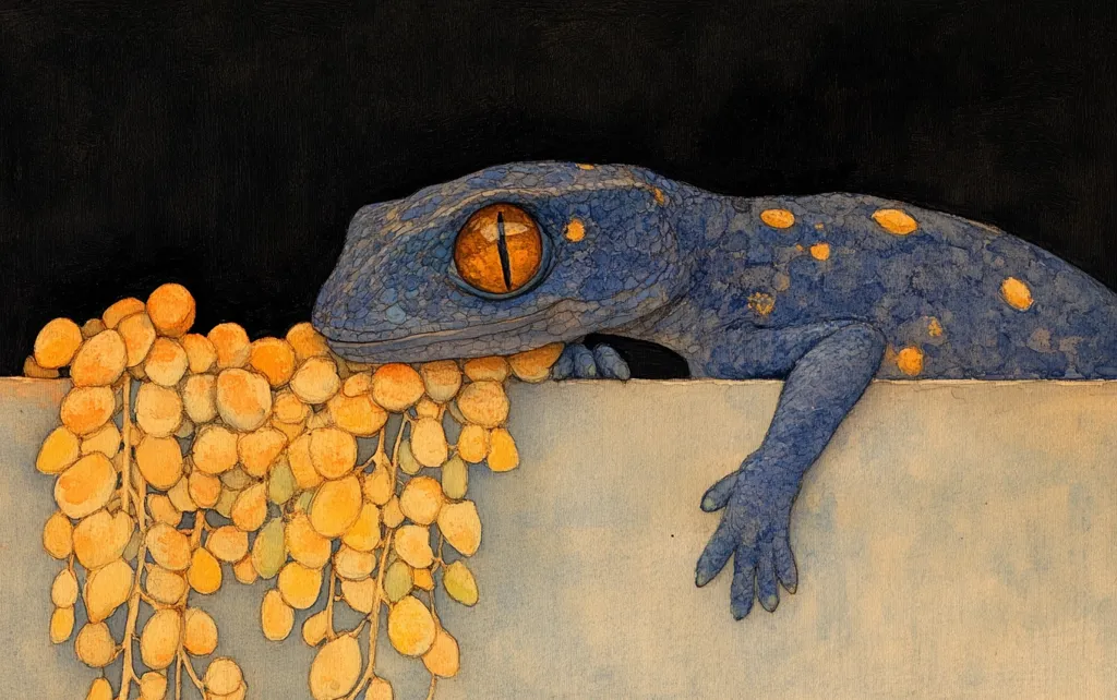 Here's a description of the image:

The watercolor painting showcases a vibrant blue gecko with golden-yellow spots, its body partially obscuring a cluster of similarly colored, round fruits or berries hanging down from above.  The gecko's large, expressive orange eye is prominent.  The creature appears to be perched atop a light beige or tan wall or surface, with its forelimb gripping the edge. The background is a deep, contrasting black. The overall style is detailed and realistic, with soft yet precise brushstrokes creating a sense of depth and texture.