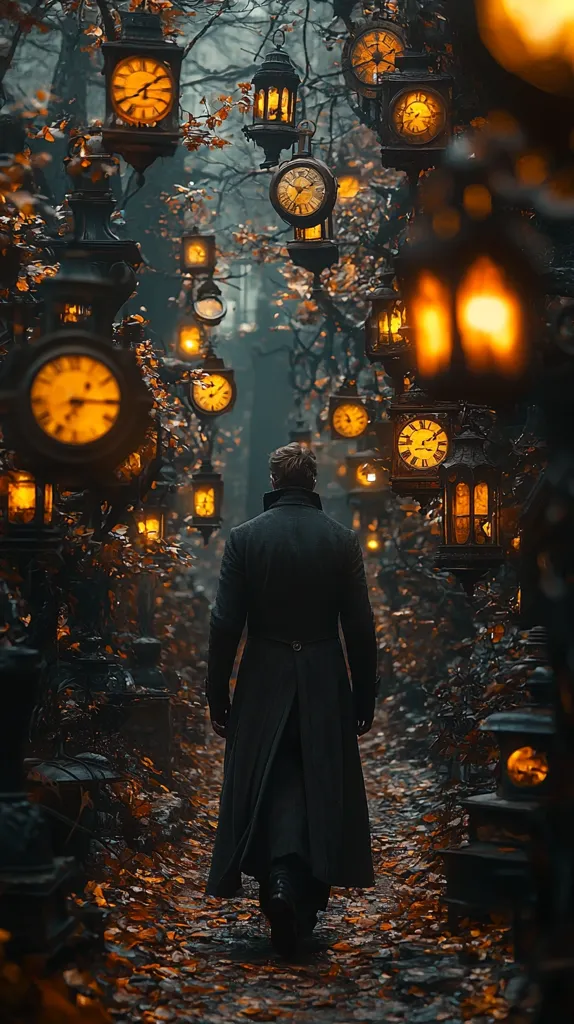 A lone figure in a dark coat walks down a path lined with glowing, antique clock lanterns.  Autumn leaves carpet the ground.  The lanterns, hanging from dark, gnarled trees, cast a warm, orange light, creating a mystical and slightly eerie atmosphere. The overall scene evokes a sense of mystery and timelessness, perhaps a journey through a fantastical forest.