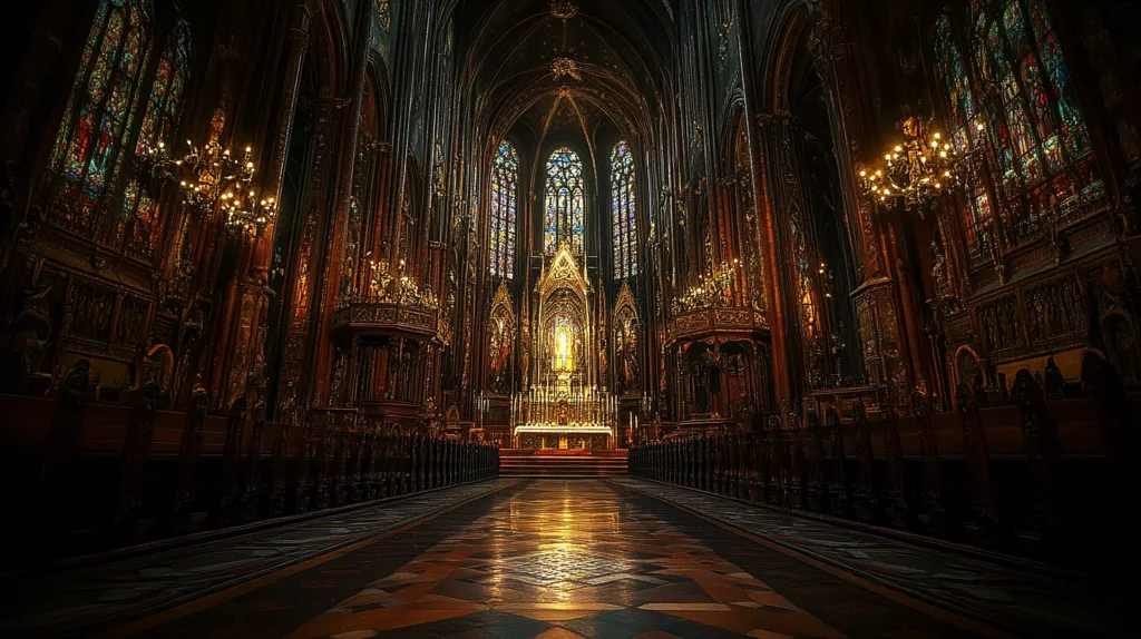 The image shows the opulent interior of a grand church.  Dark wood pews line either side of a long aisle leading to a richly decorated altar.  Tall, gothic arches soar towards a vaulted ceiling, punctuated by stained-glass windows that cast a warm, ethereal glow.  Ornate chandeliers hang from the ceiling, adding to the feeling of grandeur and reverence. The overall atmosphere is one of quiet majesty and spiritual contemplation.