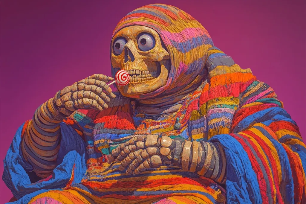 Here's a description of the image:

The artwork depicts a skull-like figure, seemingly humanoid, cloaked in a vibrantly colored, striped garment reminiscent of a poncho or robe.  The hues are bold and varied, with oranges, reds, blues, and yellows dominating. The skull's large, cartoonish eyes contrast with its skeletal features.  One bony hand delicately holds a red and white swirl lollipop near its mouth. The figure sits, arms folded, creating a surreal and slightly unsettling yet captivating image against a solid purple backdrop. The style suggests digital painting or illustration, with a noticeable impasto effect giving a textured feel to the clothing.