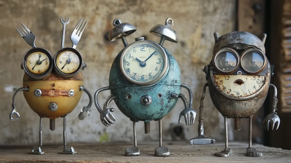 Three whimsical robots, crafted from repurposed metal and clock parts, stand in a row.  The central robot features a teal clock face as its body, flanked by two others. One has a yellow body and forks for antennae, while the other is rusty and incorporates circular gauges as eyes. All possess simple, metallic legs and arms, giving them a charmingly rustic steampunk aesthetic.  The robots stand on a wooden surface against a textured background.