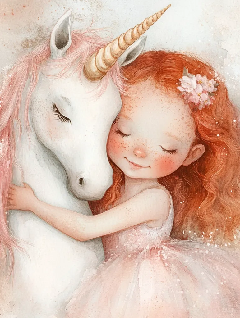 Here's a description of the image:

The illustration depicts a heartwarming scene of a young girl with vibrant red hair and freckles embracing a gentle unicorn.  The girl, wearing a delicate pink tulle dress adorned with sparkling details, has her eyes closed in peaceful contentment.  The unicorn, with a long, golden horn and soft pink mane, reciprocates the hug, its eyes also closed.  The overall style is watercolor, soft and dreamlike, evoking a sense of magical friendship and tranquility.  Small pink flowers are delicately placed in the girl's hair, adding to the whimsical charm.
