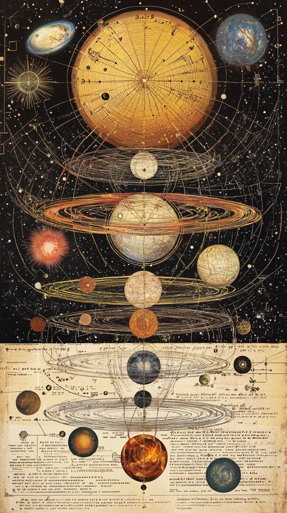 This image is a stylized depiction of a geocentric model of the solar system. It features concentric circles representing planetary orbits, with the Earth at the center. The planets are illustrated with detailed textures and coloring, and the background is a dark, star-studded expanse. Intricate lines and annotations, resembling old astronomical charts, add to the antique aesthetic. The style evokes a historical, perhaps alchemical or astrological, interpretation of the cosmos.