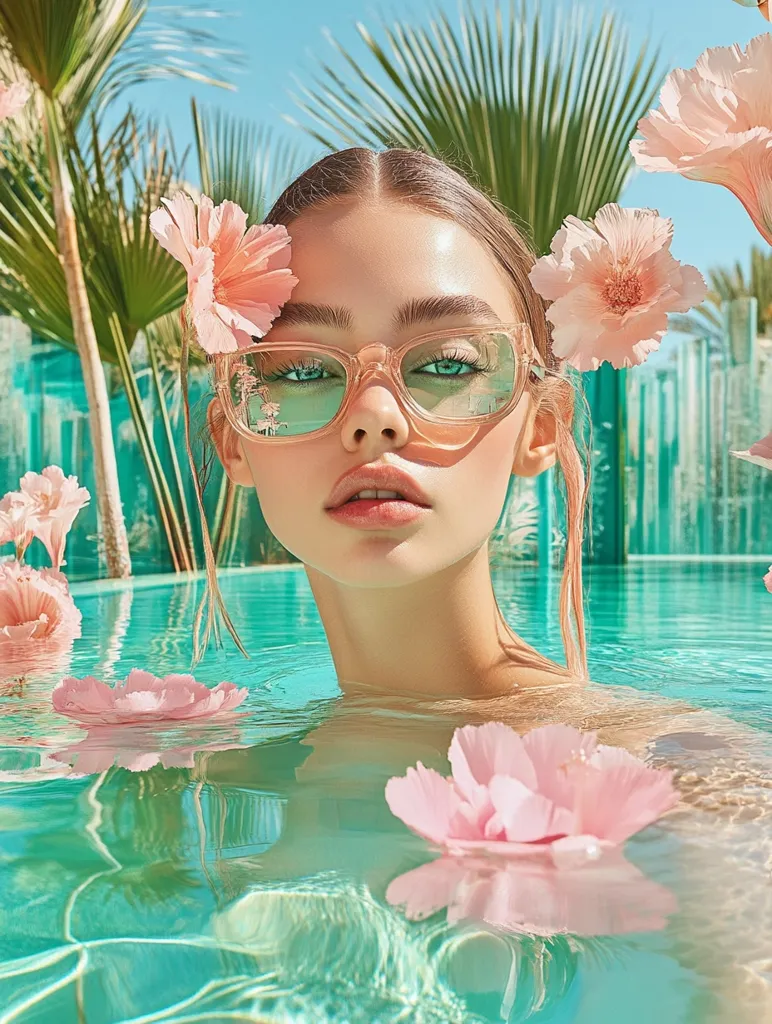Here's a description of the image:

A young woman with light skin and brown hair, partially submerged in a turquoise swimming pool, is the focal point.  She wears pastel peach-colored sunglasses and is adorned with several delicate pink flowers in her hair and floating around her in the water. The backdrop features lush green palm trees and a teal-colored wall, creating a vibrant and tropical ambiance. The overall aesthetic is dreamy and evokes a sense of summer serenity.
