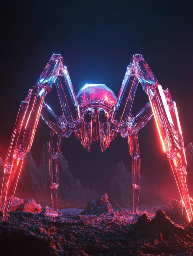 Here's a description of the image:

The image showcases a striking, futuristic, spider-like creature rendered in a vibrant, almost crystalline style. Its legs are long, slender, and seem composed of translucent material glowing with a red and blue neon light. The creature's body is similarly constructed, featuring sharp, angular facets that catch and refract the light.  It stands on a dark, rocky, and otherworldly landscape, illuminated by the same neon glow emanating from the creature itself, creating a dramatic contrast. The overall aesthetic is dark, futuristic, and slightly menacing.
