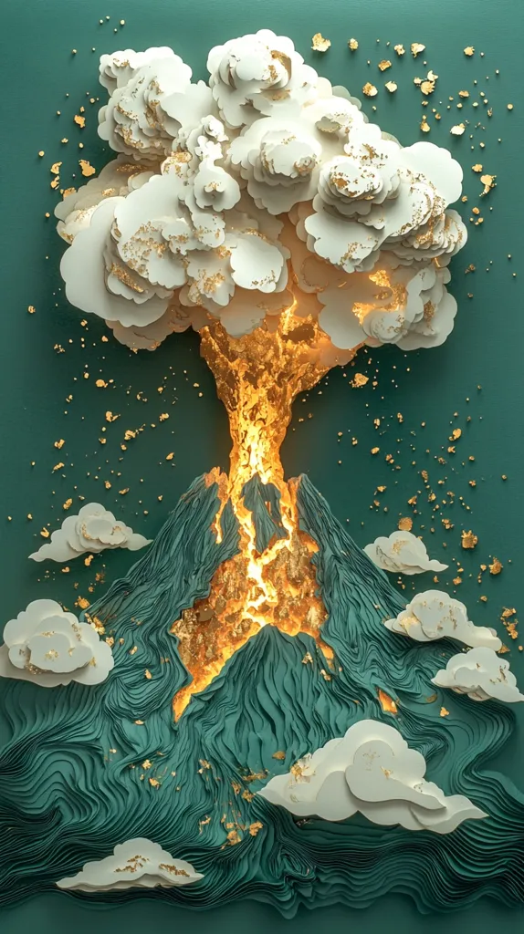 Here's a description of the image:

The artwork depicts a volcano erupting, crafted from layered paper in a stunning 3D effect.  A glowing, golden lava flow bursts from the teal volcano's peak, rising into a voluminous cloud of off-white paper, accented with gold flecks.  The surrounding landscape is rendered in textured teal paper, mimicking flowing lava and undulating terrain.  Small, white paper clouds add depth and contrast to the dark green backdrop, creating a visually striking and surreal scene. Gold leaf details enhance the opulent feel of the piece.