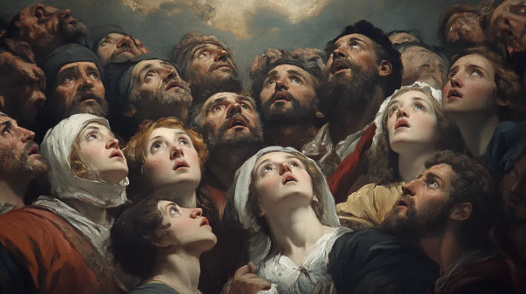 The painting depicts a crowd of people, predominantly men and women with varying expressions of awe and wonder, gazing upwards towards a bright, ethereal light source emanating from the top of the canvas.  Their faces, rendered with detail, showcase a range of emotions, from intense concentration to rapturous expectation. The individuals are dressed in simple, period-appropriate clothing, suggesting a scene of collective religious fervor or a miraculous event. The overall tone is one of mystery and reverence.