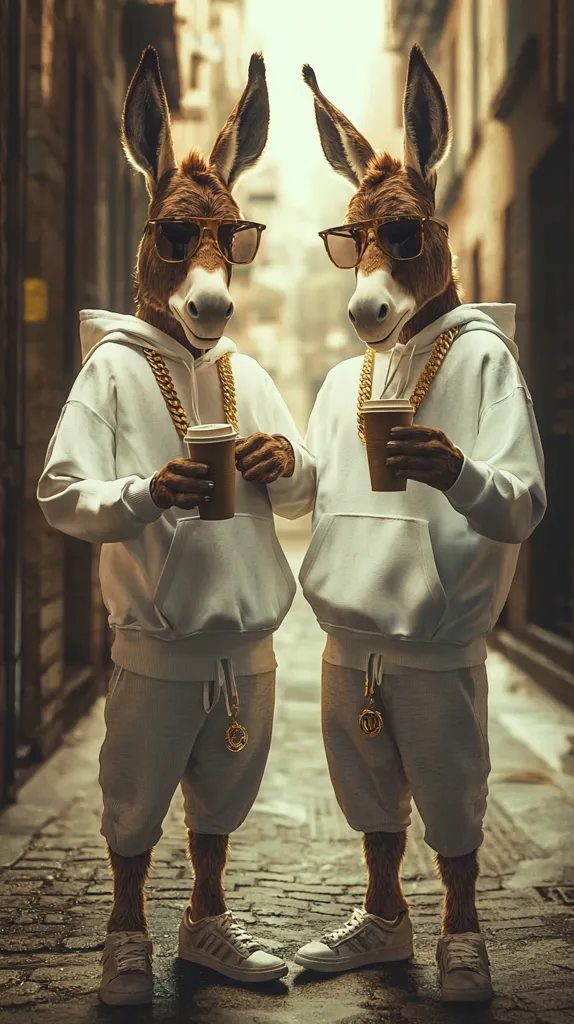 Two donkeys, dressed in matching white hoodies, sweatpants, and Adidas sneakers, sport gold chains and sunglasses. They casually hold disposable coffee cups in a narrow, old city alley. The image is stylized, with a muted color palette and a focus on the donkeys' almost human-like posture and attire, creating a humorous and unexpected juxtaposition. The scene is reminiscent of street fashion photography.