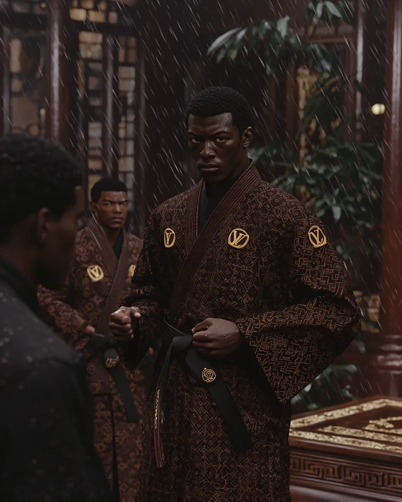 Here's a description of the image:

The photograph shows three young Black men, dressed in ornate, dark brown martial arts gis adorned with gold detailing, standing in the rain.  The central figure, sharply focused, looks directly at the camera with a serious expression. His gi is cinched with a black belt. The other two men are slightly out of focus, standing behind him. The background suggests a rain-soaked, traditional Asian-style setting with architectural details and lush plants visible through the falling water. The overall mood is dark, mysterious, and intense.