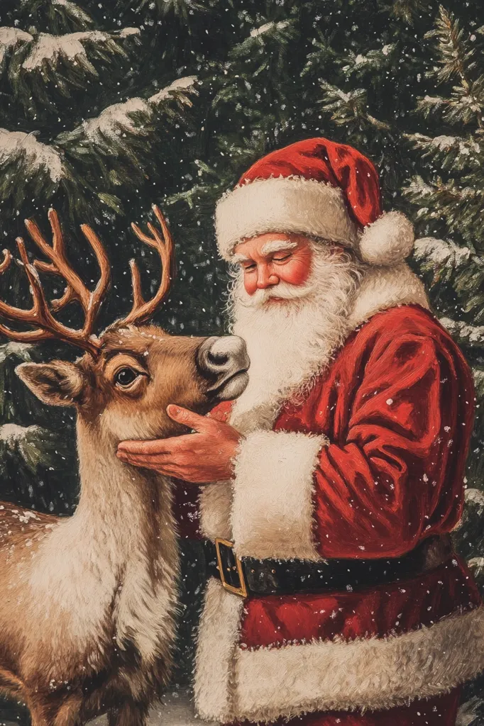 A heartwarming Christmas scene depicts Santa Claus gently cradling a reindeer's face.  Snow softly falls amidst a backdrop of snow-dusted evergreen trees. Santa, in his traditional red suit with white fur trim, looks lovingly at the deer. The reindeer's soft fur and large, expressive eyes add to the image's tender, festive atmosphere. The painting's style is reminiscent of classic Christmas illustrations, creating a nostalgic and peaceful feeling.