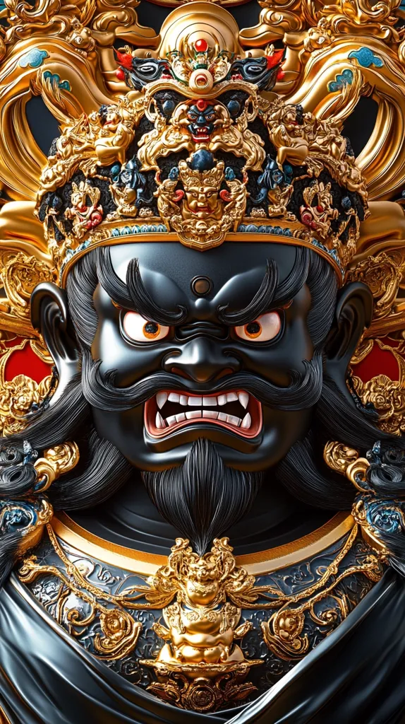 Here's a description of the image:

The image is a close-up of a striking, highly detailed statue bust. The figure's face is dark, almost black, with intense, wide eyes and a fierce expression. Its features are exaggerated, conveying power and possibly a sense of divinity or protection. The statue is adorned with an elaborate, ornate crown and neckpiece, crafted in rich golds and other metallic colors. Intricate designs and smaller figures are sculpted into the crown and adornments, showing fine craftsmanship. The contrast between the dark face and the gleaming gold creates a visually arresting effect, suggesting a powerful and possibly intimidating deity or mythical figure. The overall style is ornate and suggestive of East Asian artistic traditions.