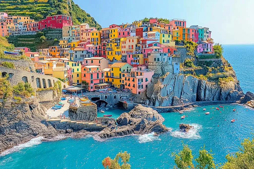 A picturesque coastal village clings to a cliffside, its colorful buildings cascading down to a tranquil turquoise bay.  The vibrant houses, in shades of yellow, pink, orange, and red, create a stunning visual spectacle.  Boats bob gently in the clear water, while a stone walkway connects the village to a small cove. Lush greenery climbs the hills behind, offering a contrast to the architectural beauty below. The scene is bathed in bright sunlight, evoking a sense of warmth and serenity.
