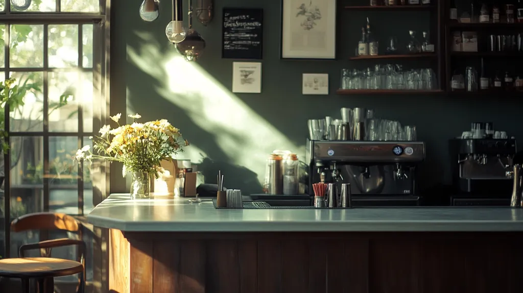 Sunbeams stream through a large window into a stylish cafe, illuminating a pristine bar counter.  A bouquet of yellow and white flowers sits on the counter, adding a touch of warmth.  Behind the counter, gleaming espresso machines and shelves stocked with glassware and bottles create a professional yet inviting atmosphere.  The dark green walls and wooden accents contribute to a sophisticated ambiance. A wooden chair is partially visible in the foreground, suggesting a cozy seating area.