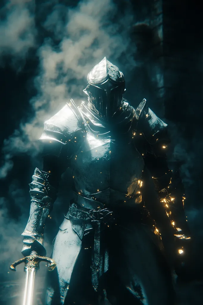 Here's a description of the image:

The image is a dramatic close-up of a knight, clad in gleaming, metallic armor.  The armor shows signs of wear and battle, with subtle details enhancing its realism.  Small, glowing particles seem embedded within the suit, adding a mystical, ethereal quality. The knight holds a long, slender sword with a decorative hilt.  The background is dark and smoky, enhancing the knight's ominous presence. The overall mood is one of mystery and power, suggesting a fierce warrior in a dark, fantastical setting.  The color palette is dominated by cool blues and greens, accented by warm gold highlights.