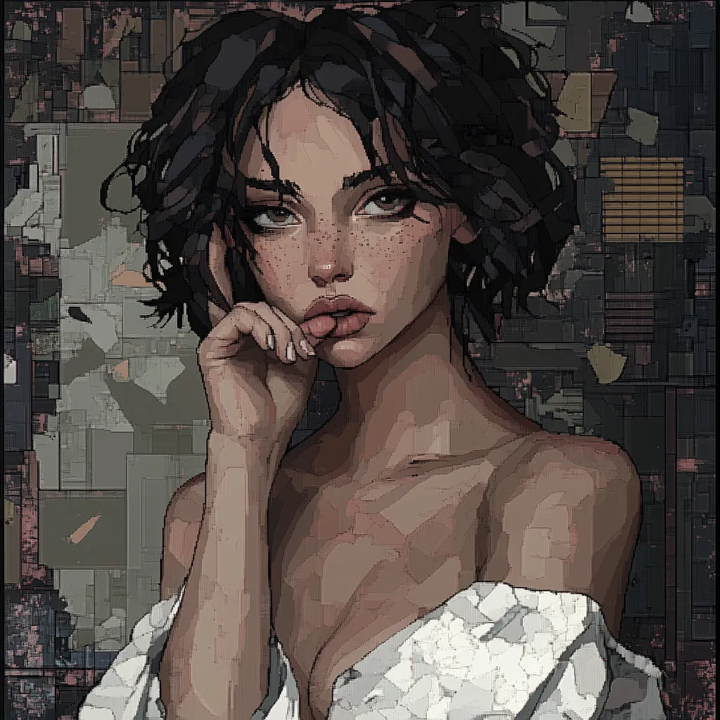 Here's a description of the image:

The artwork depicts a young woman with short, dark, curly hair. Her skin tone is light brown, adorned with freckles across her nose and cheeks. She has dark eyes and full lips, and her expression is pensive, almost melancholic.  She's partially bare-shouldered, wearing a loose, off-white garment that resembles a shirt or kimono. Her hand rests gently on her chin. The background is an abstract collage of muted gray and brown tones, resembling a fragmented, textured wall or circuit board, adding a layer of mystery and intrigue to the portrait. The style is reminiscent of digital painting or illustration, with visible brushstrokes or pixelation, giving a slightly rough texture.