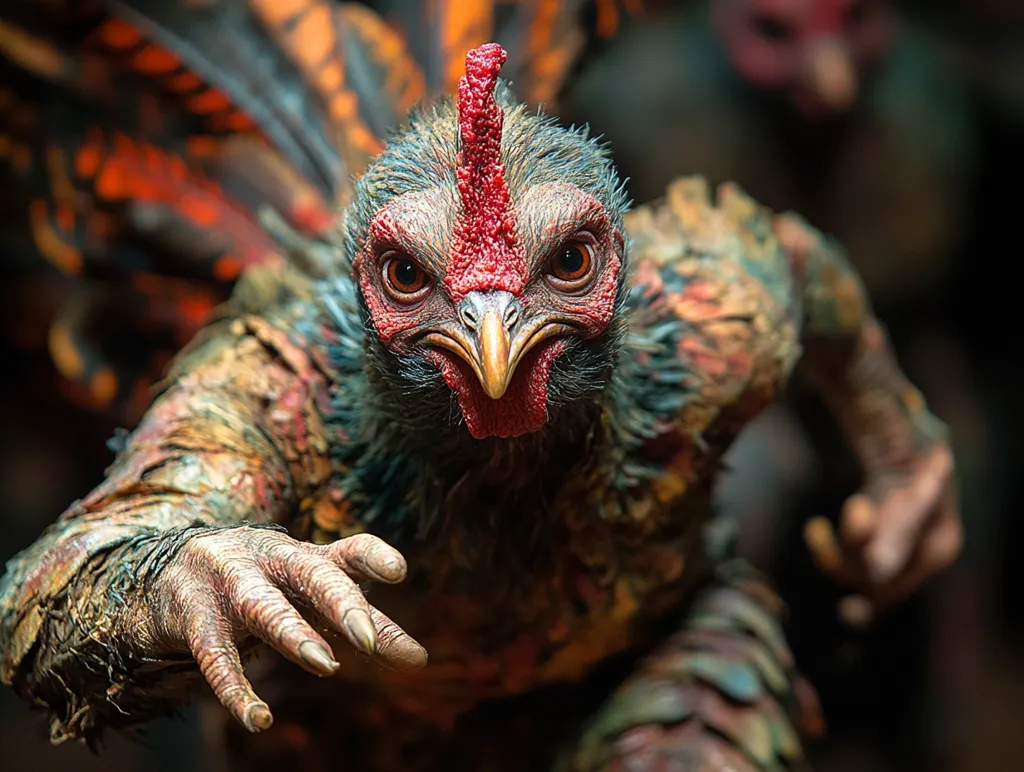 Close-up view of a fantastical creature, seemingly a humanoid with a rooster's head and wings. Its plumage is a mix of dark blues, greens, and browns, with vibrant red comb and wattles.  The creature's skin appears textured and aged, and its hand is outstretched, claw-like and reaching towards the viewer.  The background is blurry, suggesting a dark, possibly forest-like setting. The overall impression is one of intensity and otherworldliness.