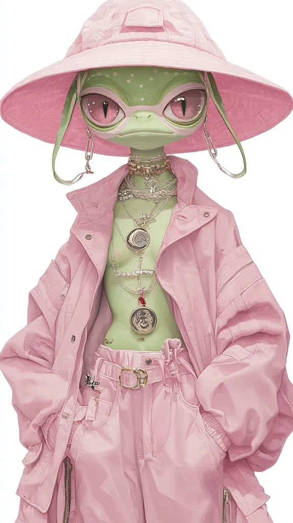 Here's a description of the image:

The illustration showcases a stylized anthropomorphic creature, possibly a frog or lizard, adorned in a complete pink outfit.  The creature sports a wide-brimmed pink hat, a voluminous pink jacket, and matching loose-fitting pants. Multiple silver necklaces and pendants decorate its neck and chest.  Its eyes are large and expressive, and its skin is a pale green. The overall style is fashionable and whimsical, blending elements of fantasy and contemporary clothing. The background is plain white, focusing attention on the character's attire and design.