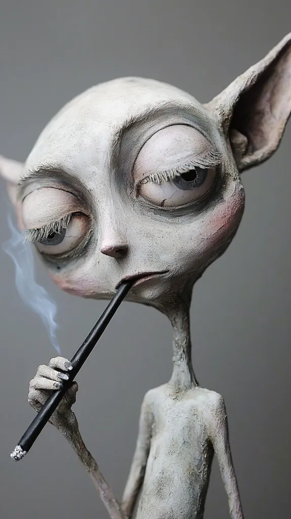 A close-up shot reveals a meticulously crafted sculpture of an otherworldly being.  Its pale, grey skin is textured, and its large, expressive eyes convey a sense of weariness.  Pointed ears and a slender frame add to its ethereal quality. The figure holds a long, thin object, possibly a cigarette, to its lips, from which a wisp of smoke curls. The overall effect is one of delicate artistry and slightly melancholic charm. The sculpture's style is reminiscent of whimsical fantasy or gothic art.