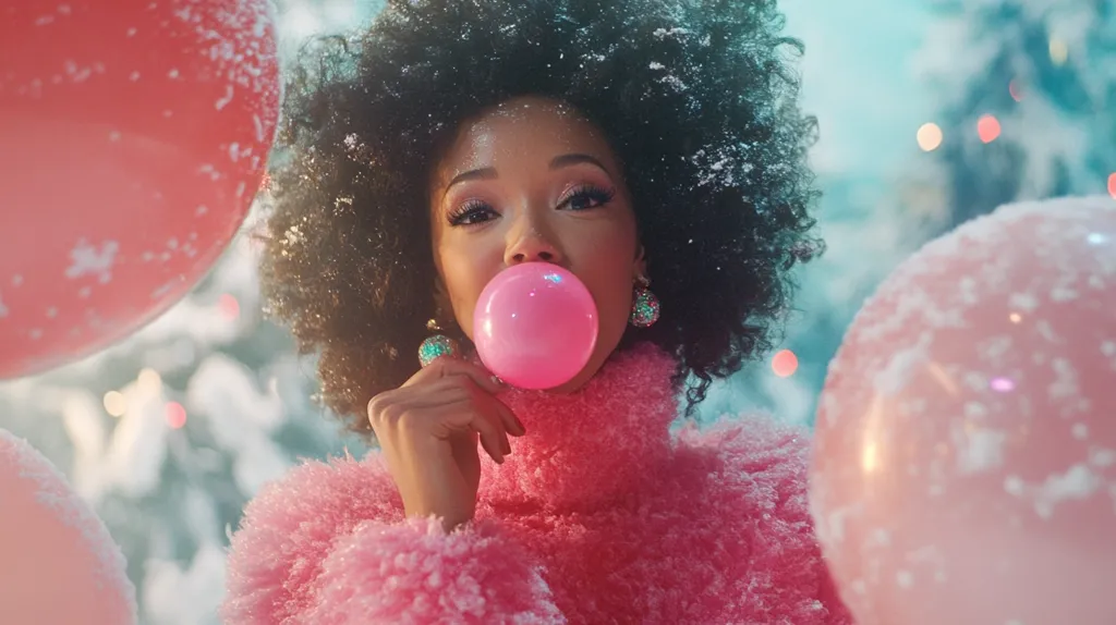 A young Black woman with a large afro, wearing a fluffy pink sweater, blows a pink bubble of gum.  She is surrounded by pink, snow-dusted balloons and a bokeh of out-of-focus Christmas lights and trees in the background, creating a festive, whimsical atmosphere.  The overall mood is playful and joyful.