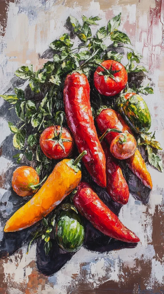 A vibrant still life painting showcases a profusion of ripe red and orange peppers, interspersed with plump red tomatoes and green peppers.  The vegetables are artfully arranged amidst lush green foliage, suggesting a freshly picked bounty. The impasto style adds texture and depth, with visible brushstrokes contributing to the painting's lively character.  The background displays a textured, earthy palette, enhancing the overall visual richness of the composition.