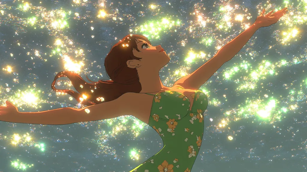 The image depicts an anime-style woman with long brown hair, wearing a green floral swimsuit.  She is submerged in water, arms outstretched, as if embracing the surrounding shimmering, golden particles. The water appears luminescent, creating a dreamy, ethereal atmosphere. Her expression is serene, gazing upward towards a sky filled with sparkling lights. The overall aesthetic is magical and whimsical.