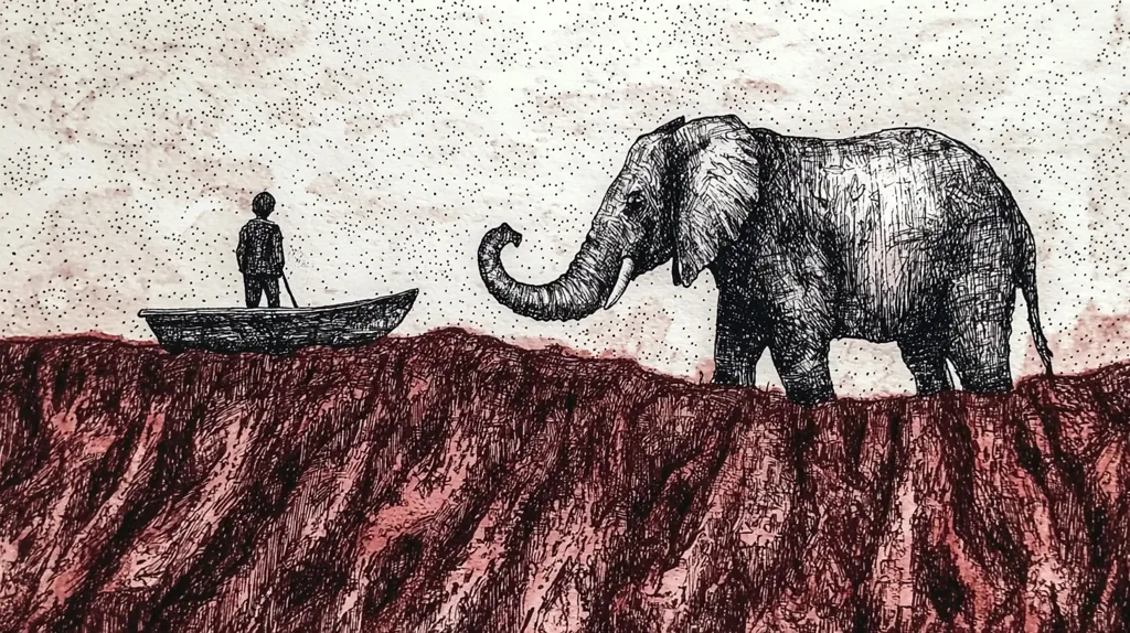 Here's a description of the image:

The ink drawing depicts a solitary figure in a small boat on a reddish-brown, textured landscape.  The figure, rendered simply, appears to be looking towards a large elephant standing on the same landform. The elephant's trunk is slightly raised, suggesting curiosity or acknowledgement. The background is a light beige, speckled with tiny dots. The style is detailed yet somewhat melancholic, creating a sense of isolation and perhaps a contrast between human fragility and the elephant's powerful presence. The overall tone is muted and contemplative.