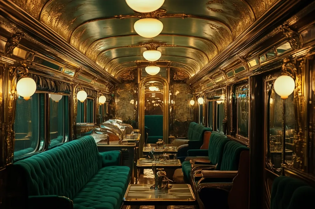 The image shows the opulent interior of a vintage train car.  Rich, emerald green velvet seating is arranged opposite each other, separated by low tables.  The walls and ceiling are gilded, reflecting the soft light from numerous globe lamps.  Dark wood accents and mirrored panels add to the luxurious atmosphere.  The overall design evokes a sense of old-world elegance and grandeur.