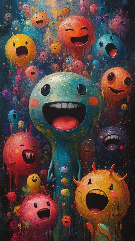 Here's a description of the image:

The painting is a vibrant, chaotic scene teeming with numerous cartoonish figures.  These creatures are predominantly spherical, with exaggerated, wide-open mouths displaying bright, joyful expressions. They are rendered in a thick, impasto style, with visible brushstrokes adding texture and depth. The colors are bold and saturated, ranging from bright yellows and oranges to deep blues and pinks. The figures appear to be floating or suspended in a dark, speckled background, creating a sense of movement and energy. A larger central figure dominates, its wide smile echoing the joyful expressions of those surrounding it. The overall impression is one of playful exuberance and cheerful chaos.