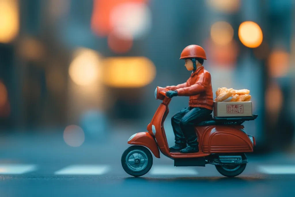 Here's a description of the image:

A miniature figure of a delivery driver, wearing a red helmet and jacket, sits astride a tiny red scooter.  A small cardboard box filled with what appears to be fried food is secured on the scooter's back.  The scene is set against a blurry background of an out-of-focus city street at night, with warm-toned lights suggesting a bustling urban environment. The overall impression is one of a charming, whimsical depiction of food delivery in a city setting.