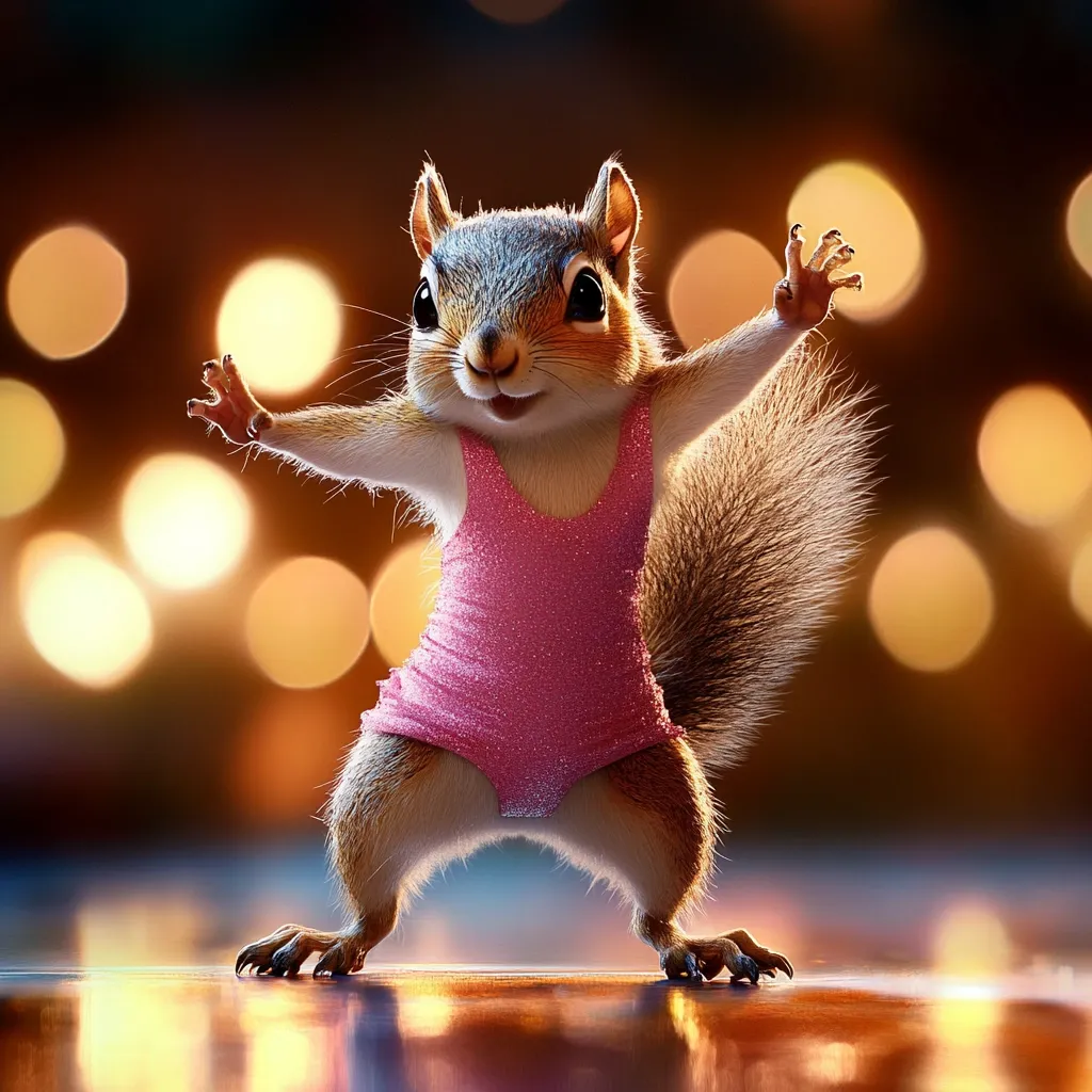 Here's a description of the image:

A digitally rendered image showcases a squirrel, anthropomorphized and striking a playful, almost dancing pose.  It's dressed in a sparkly pink leotard, its arms outstretched. The background is blurred, featuring warm-toned bokeh lights suggesting a nighttime or festive setting.  The squirrel's expression is cheerful, and its fur is highly detailed, giving it a lifelike appearance. The overall tone is lighthearted and whimsical.