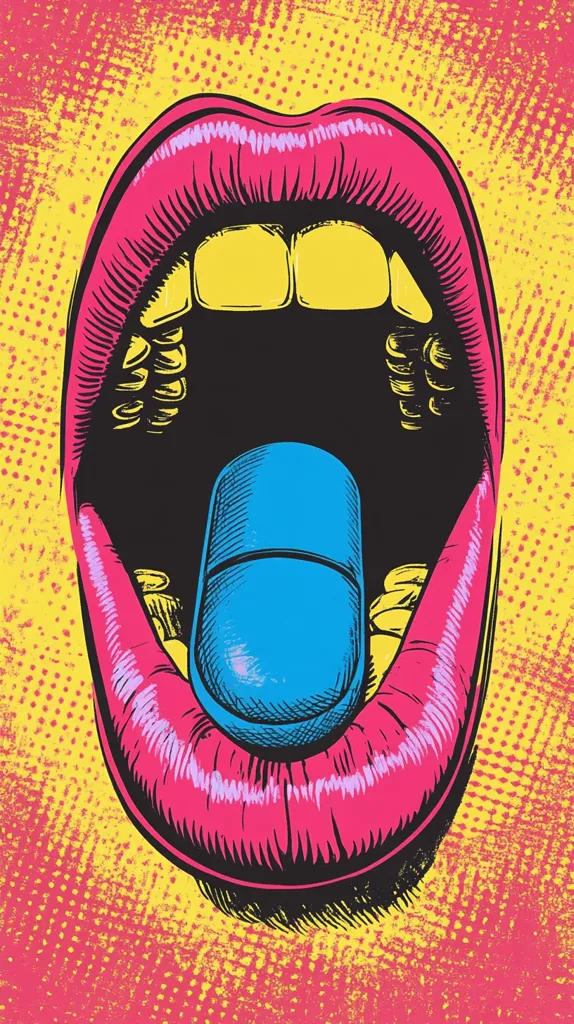 Here's a description of the image:

The image is a vibrant, pop art-style illustration of a large, open mouth with bright pink lips.  The teeth are a striking yellow, and a large, blue pill is positioned centrally, about to be swallowed. The background is a contrasting yellow with a textured, dotted pattern reminiscent of comic book art.  The overall style is bold, graphic, and slightly provocative, drawing attention to the act of taking the pill.  The colors are highly saturated, emphasizing the boldness of the design.