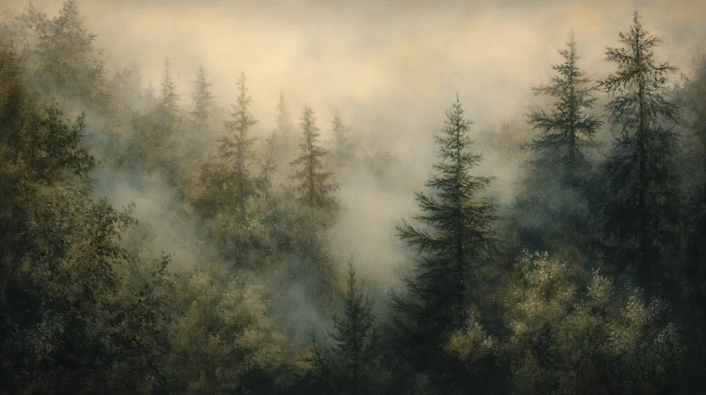 A misty forest scene is depicted, where tall evergreen trees stand shrouded in a soft, ethereal fog. The muted color palette consists of soft greens, grays, and browns, giving a tranquil and somewhat melancholic atmosphere. The fog obscures the depths of the forest, creating a sense of mystery and quietude.  The light is diffused, suggesting either dawn or dusk. The overall effect is one of serenity and peaceful seclusion within a dense woodland.