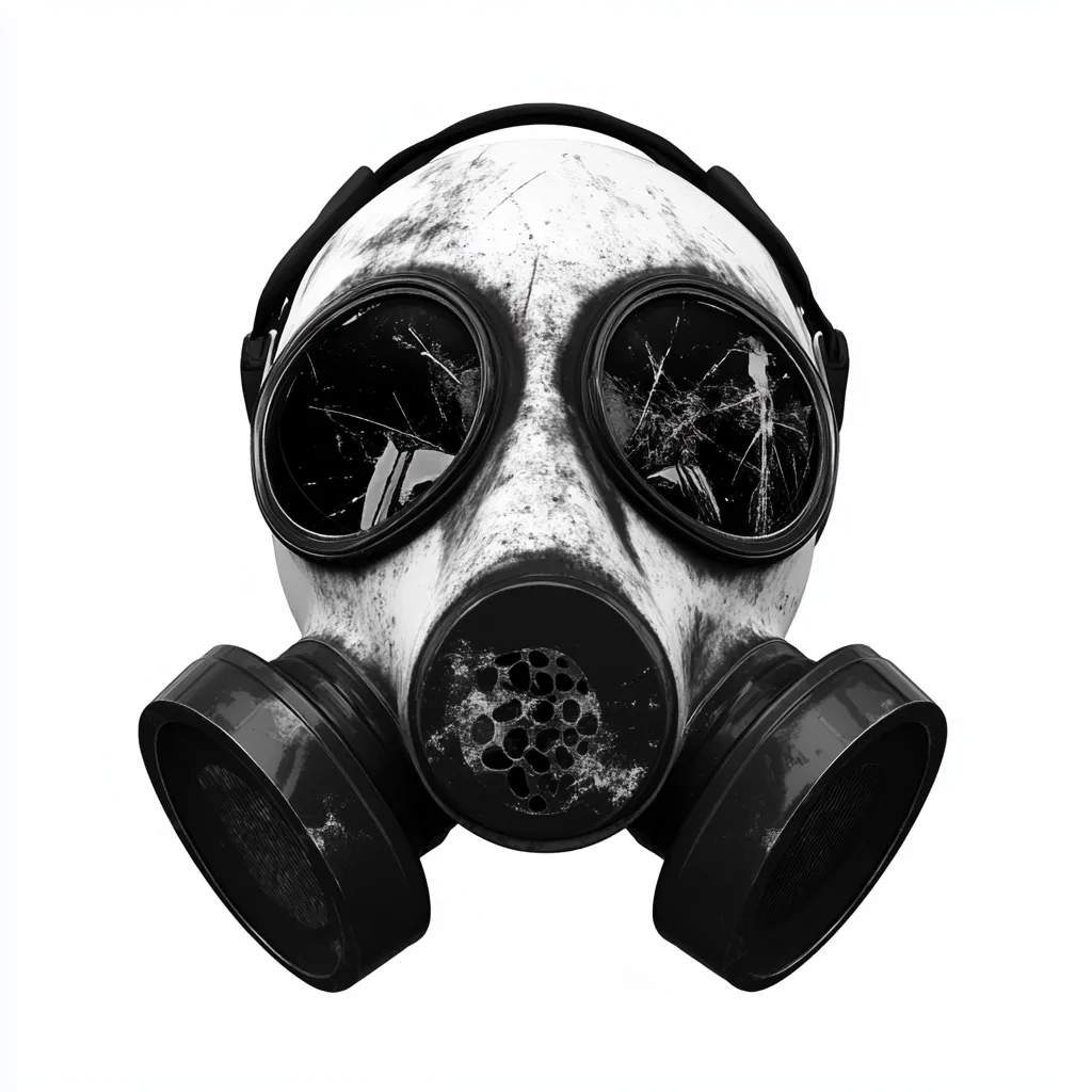 Here's a description of the image:

The image shows a heavily worn and damaged gas mask, isolated on a white background. The mask is predominantly off-white or grey, heavily coated in what appears to be dirt or grime.  Both eye pieces are cracked and shattered, revealing dark, shadowy interiors. The filters are dark and also show significant wear.  The overall impression is one of age, neglect, and possible post-apocalyptic or hazardous environment use. The mask is presented in a stark, monochrome style, further emphasizing its deteriorated state.