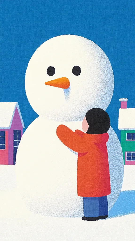 Here's a description of the image:

A stylized illustration depicts a child in an orange coat and blue pants gently embracing a large snowman.  The snowman is simply rendered with coal eyes, a carrot nose, and a textured white body.  Small, colorful houses with snowy roofs are visible in the background against a deep blue sky. The scene is minimalist and conveys a sense of childlike wonder and winter charm. The artistic style is reminiscent of children's book illustrations or graphic design.
