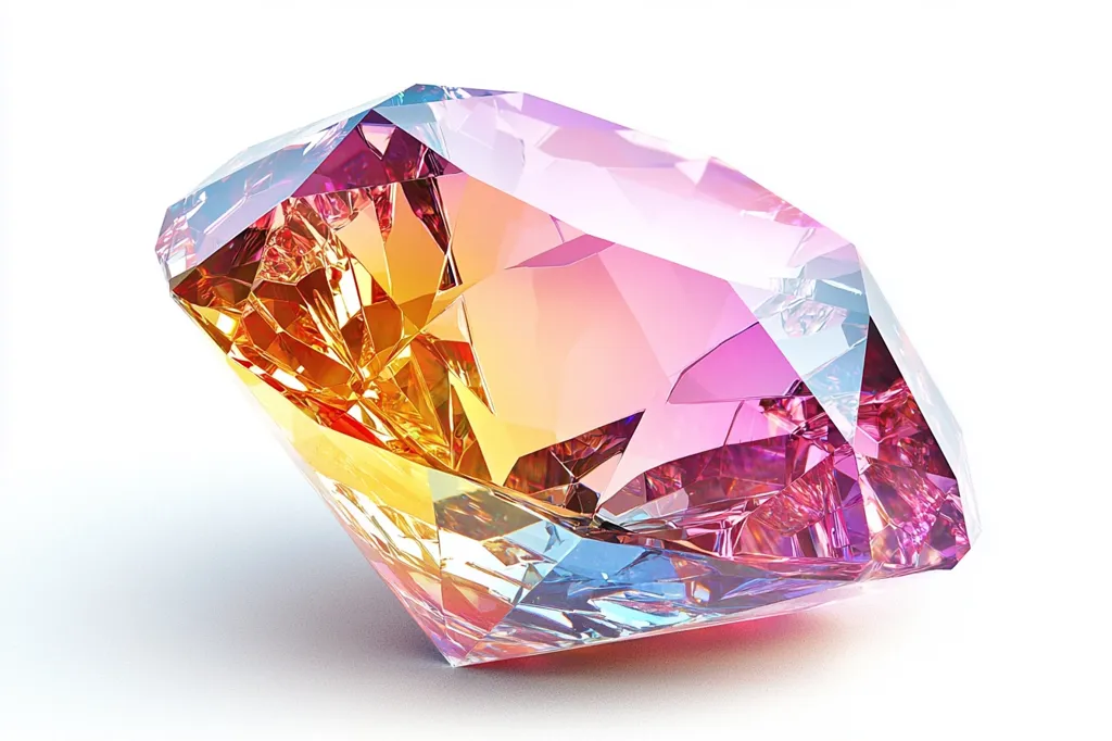 A dazzling gemstone, possibly a synthetic diamond or other precious stone, dominates the image.  Its facets brilliantly reflect light, showcasing a mesmerizing gradient of colors.  The hues transition smoothly from a warm golden yellow at its core to a vibrant pink at its edges, with hints of blue and purple visible in the facets.  The gem rests on a plain white background, enhancing its radiant glow and intricate details. The overall impression is one of luxury and exquisite craftsmanship.