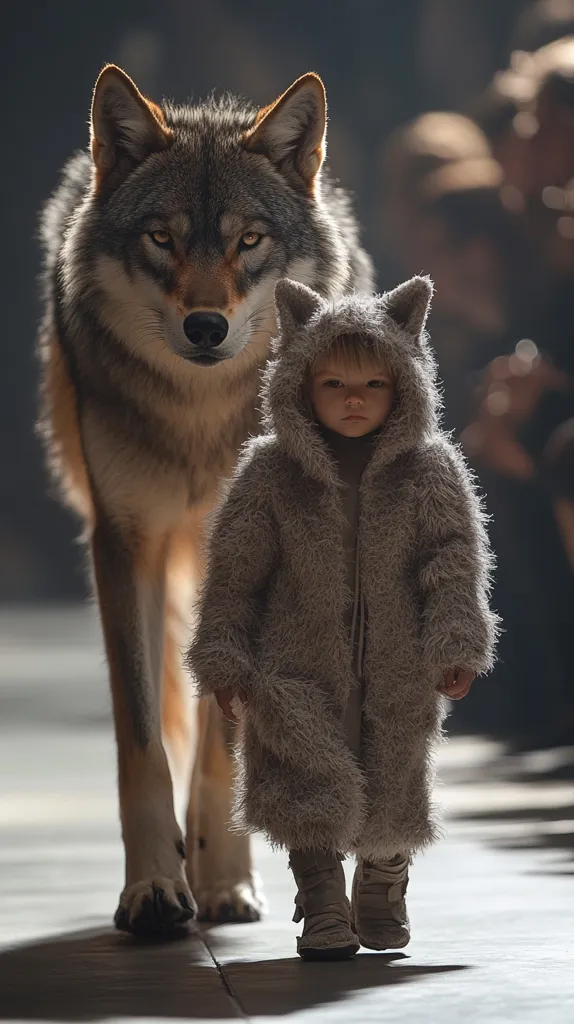 A large grey wolf walks alongside a small child dressed in a fluffy, light-grey hooded coat, which resembles wolf fur.  The child, appearing serious, is dwarfed by the imposing wolf.  The setting is dimly lit, perhaps indoors, with a blurred background suggesting a crowd of onlookers.  The image evokes a sense of mystery and contrasts the vulnerability of the child with the wildness of the wolf.  The overall effect is striking and slightly unsettling.