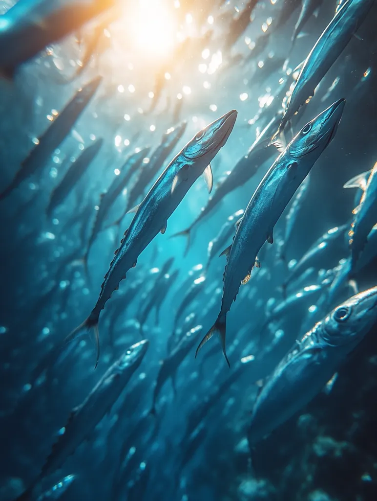 Here's a description of the image:

A breathtaking underwater scene showcases a large school of sleek, dark-blue fish, possibly mackerel or a similar species, swimming in a dense formation.  Sunlight streams from above, creating a radiant effect on the water and illuminating the fish, which are sharply in focus in the foreground, while those further away are slightly blurred, adding depth.  The overall color palette is a cool, deep blue, punctuated by the warm light filtering through the water's surface. The image evokes a sense of awe and the beauty of marine life.