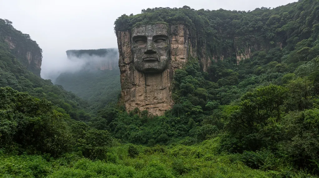 A colossal, weathered stone face is carved into a cliffside, nestled within a lush, verdant valley.  The face, serene yet imposing, seems to gaze out from the rock.  The surrounding landscape is thick with trees and shrouded in a misty atmosphere, giving the scene a mystical and ancient quality. The valley itself is deep, with cliffs rising on either side.  The overall impression is one of awe-inspiring natural beauty combined with the mystery of human artistry.