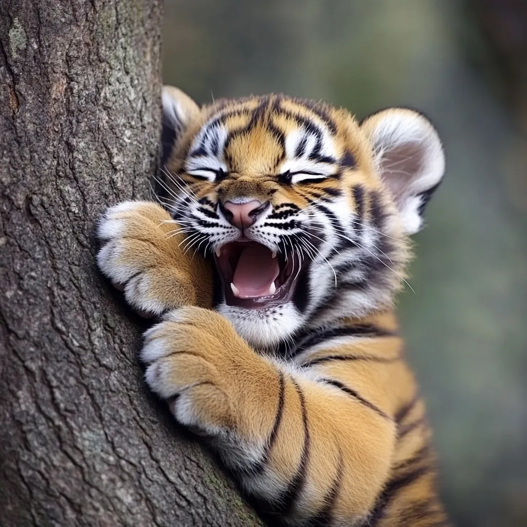 Here's a description of the image:

The close-up shot features an adorable tiger cub clinging to a tree trunk.  Its eyes are closed, and its mouth is open in what appears to be a playful yawn or a contented sigh. The cub's orange and black striped fur is soft and fluffy, and its paws are clearly visible gripping the bark. The background is blurred, drawing focus to the cub and its interaction with the tree. The overall mood is one of cuteness and innocence, showcasing the beauty of this young tiger in its natural environment.