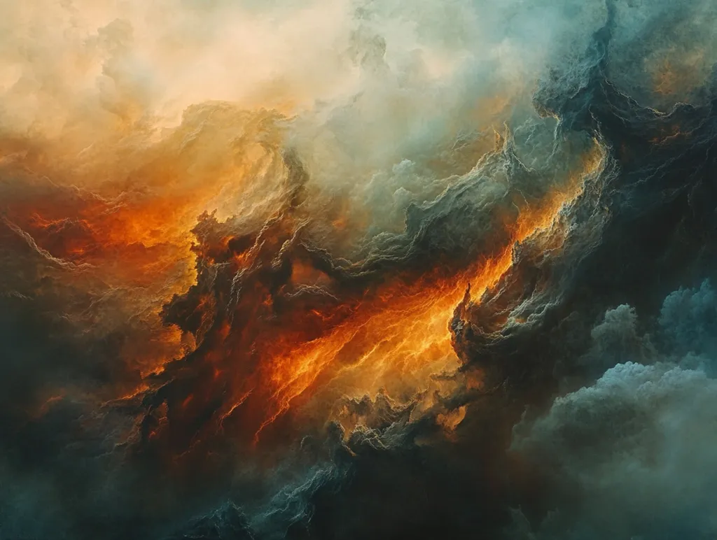 The image is an abstract depiction of a turbulent, celestial scene.  Fiery, orange and red hues surge through a landscape of dark, brooding clouds.  The colors blend and contrast, creating a dramatic and somewhat chaotic effect.  The overall impression is one of intense energy and perhaps conflict, with light breaking through the darkness. The style suggests digital art or a highly stylized painting.