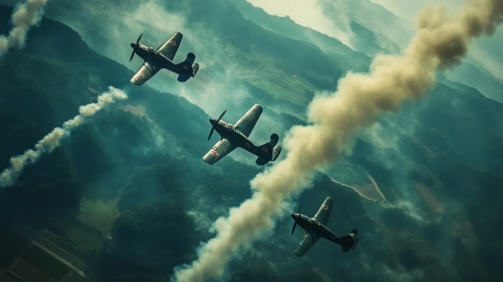 Three vintage fighter planes fly in formation, leaving trails of smoke against a backdrop of rolling green hills. The planes are dark-colored, with propellers clearly visible. The smoke billows dramatically, adding a sense of motion and dynamism to the scene.  The image evokes a feeling of nostalgia and perhaps a wartime setting, though the context is not explicitly defined. The overall color palette is muted greens and browns, with the smoke offering a pale contrast.