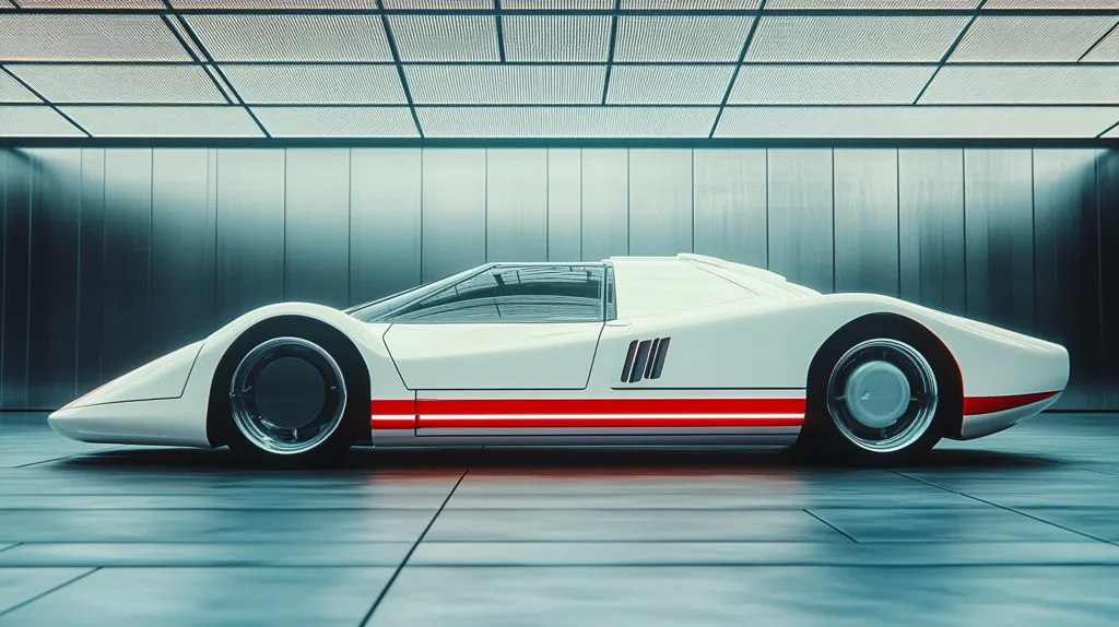 A sleek, white, futuristic sports car sits in a modern, metallic garage. The car features a low profile, rounded body, and large, prominent wheels. A thin, red stripe runs along the car's side, adding a pop of color to the otherwise monochromatic design. The garage's walls are composed of large, gray metal panels, and the ceiling features a grid-like pattern. The overall aesthetic is clean, minimalist, and suggestive of a high-tech environment.  The image emphasizes the car's design and the contrast between the vehicle and its setting.