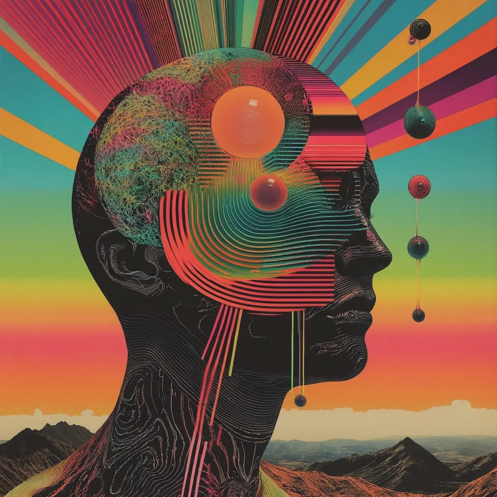 This vibrant psychedelic artwork depicts a stylized human head in profile against a radiant sunset backdrop.  The head is intricately detailed with swirling lines and geometric patterns, suggesting internal complexity.  Brightly colored spheres and dripping lines emanating from the head add to the surreal, almost dreamlike atmosphere.  The contrasting black silhouette of the head against the multicolored background creates a striking visual effect, evoking themes of consciousness, imagination, and inner exploration.  A mountainous landscape is visible in the background, grounding the fantastical elements.