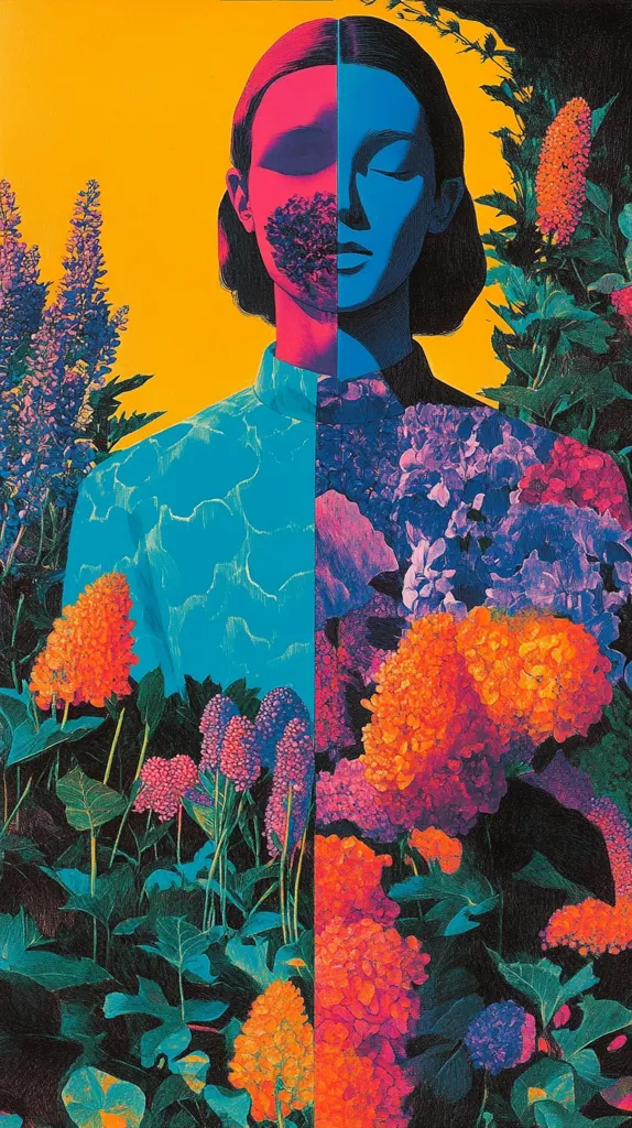 A vibrant, surreal artwork depicts a woman's face bisected, one half a vivid pink, the other a striking blue.  Her face is partially obscured by lush, stylized flowers in intense hues of orange, purple, and blue. The woman's clothing blends seamlessly into the floral background, suggesting a unity between human and nature. The bold color palette and graphic style create a striking, almost hallucinatory effect against a bright yellow backdrop.  The overall image is one of vibrant energy and symbolic interconnectedness.
