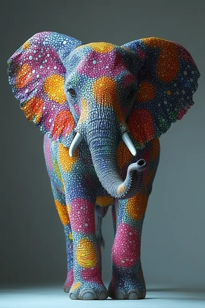 Here is a description of the image:

The image shows a vividly colored elephant, seemingly a digital rendering or artwork. Its skin is covered in a mosaic-like pattern of bright pink, orange, yellow, and blue circles on a darker blue-grey base.  The elephant is depicted from the front, standing and facing the viewer, with its trunk slightly raised. The colors are bold and saturated, creating a striking contrast against the neutral grey background.  The detail in the texture of the elephant's skin is remarkable, giving it a three-dimensional appearance.