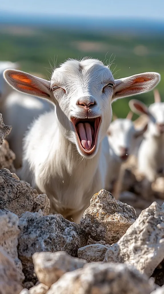 A young, white goat with large ears is the focal point of the image, its mouth wide open in a joyful, almost comical yawn.  Its eyes are partially closed, suggesting contentment. The goat is nestled amongst light-colored rocks, with a blurred background of a verdant landscape and other goats visible in the distance.  The overall scene is bright and sunny, evoking a sense of rural tranquility.