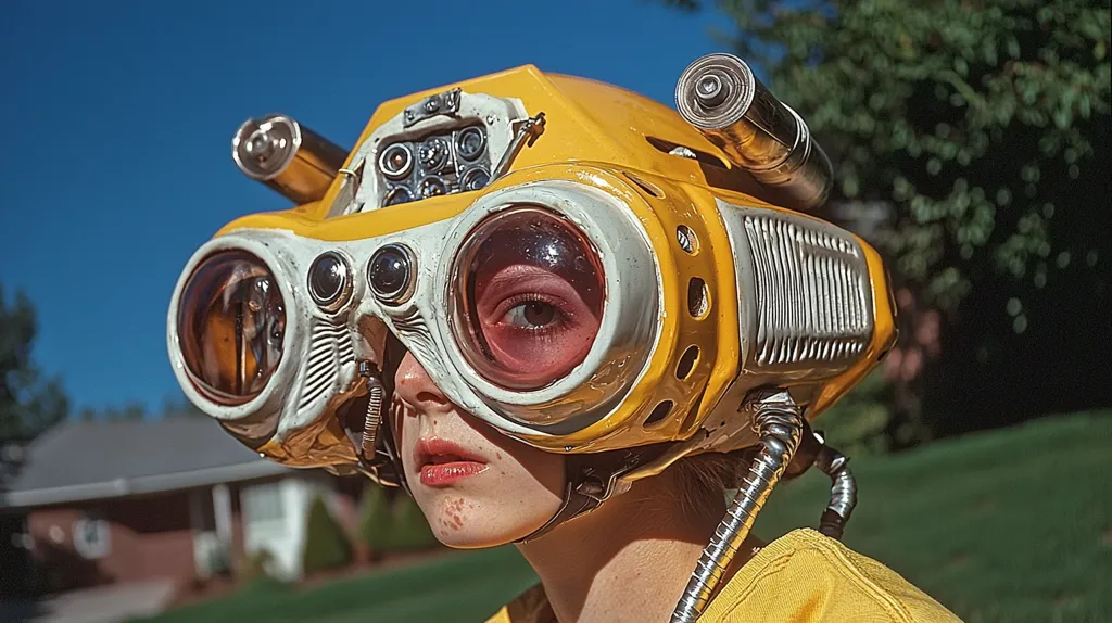 Close-up view of a person wearing a futuristic, yellow helmet with large, goggles-like lenses. The helmet features various metallic details and protrusions, suggesting technological components.  The person's face is partially visible, revealing pale skin and a serious expression.  The background is blurred, showing a residential area and green lawn under a bright blue sky. The overall aesthetic is retro-futuristic and whimsical.