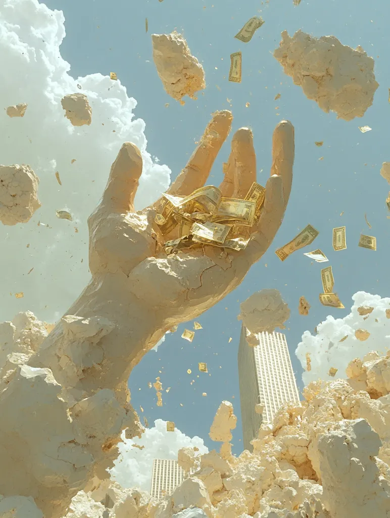 A surreal image depicts a large, pale hand emerging from crumbling, cloud-like formations, grasping a pile of golden dollar bills.  More bills float amidst the sky, punctuated by fluffy white clouds and tall city buildings visible through the gaps in the sculptural debris. The overall effect is one of ethereal wealth and crumbling grandeur, suggesting a precarious balance between prosperity and destruction.  The color palette is muted and pastel, adding to the dreamlike quality.