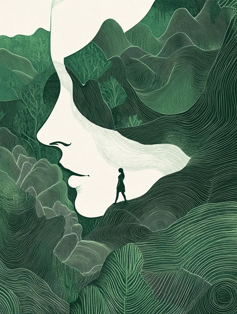 Here's a description of the image:

The artwork is a stylized illustration, predominantly in shades of green, depicting a woman's face subtly overlaid on a landscape.  The face is rendered in off-white, appearing almost ethereal against the detailed, textured hills and valleys.  These hills are composed of swirling, concentric lines suggesting lush vegetation. A small, solitary figure of a woman stands on a hilltop within this verdant landscape, creating a sense of scale and solitude. The overall style is minimalist yet evocative, suggesting themes of introspection, nature, and the human connection to the environment.